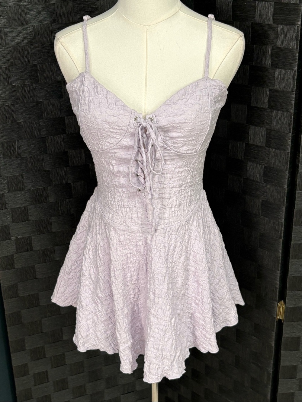 Balletcore Forever 21 Lace-up Seersucker Mini Skater Corset Dress Lavender - Picture 1 of 6